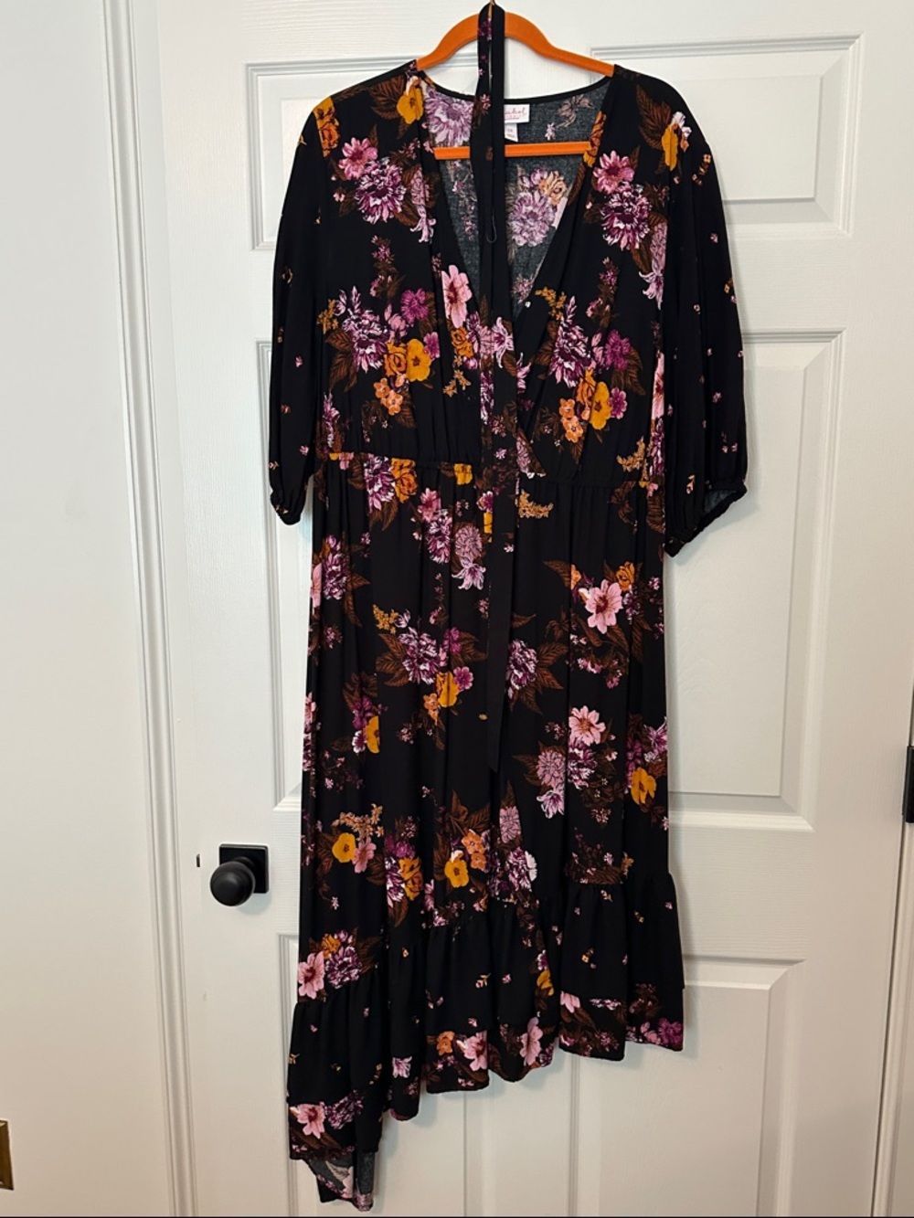 Black Floral Maxi Dress with Pink & Mustard Blooms
